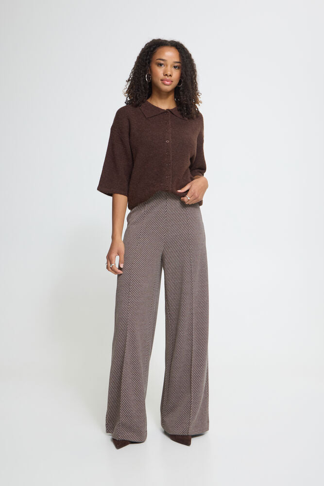 Kate Wide Leg Twill Trouser - Brown/Cream Stripe