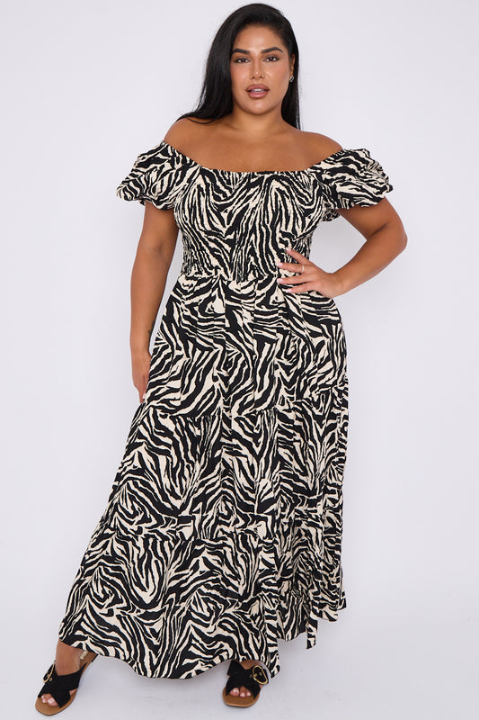 Curve Zebra Print Bardot Shirred Waist Dress