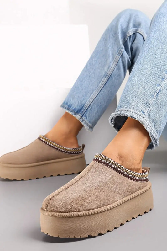 Camel Platform Shoe with Faux Fur Lining