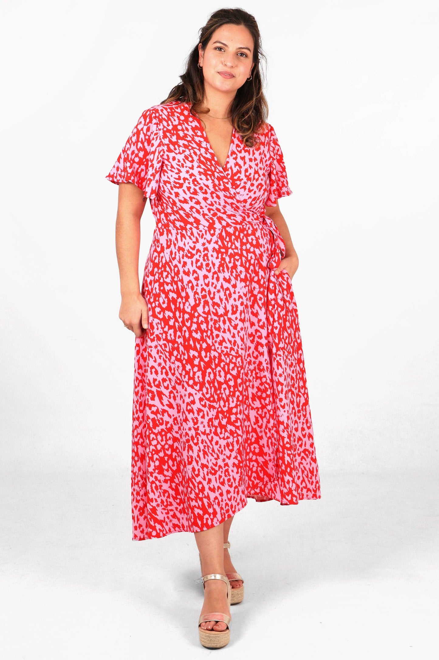 Leopard and Star Print Short Sleeve Maxi Wrap Dress -Pink