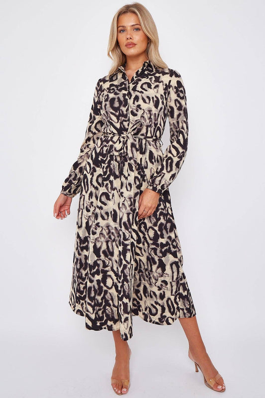 Grey Leopard Print Midaxi Shirt Dress