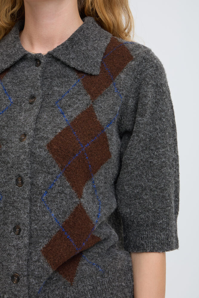Argyle Cardigan with Collar - Grey