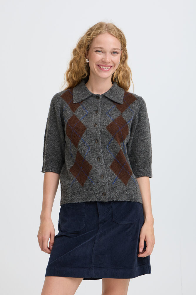 Argyle Cardigan with Collar - Grey