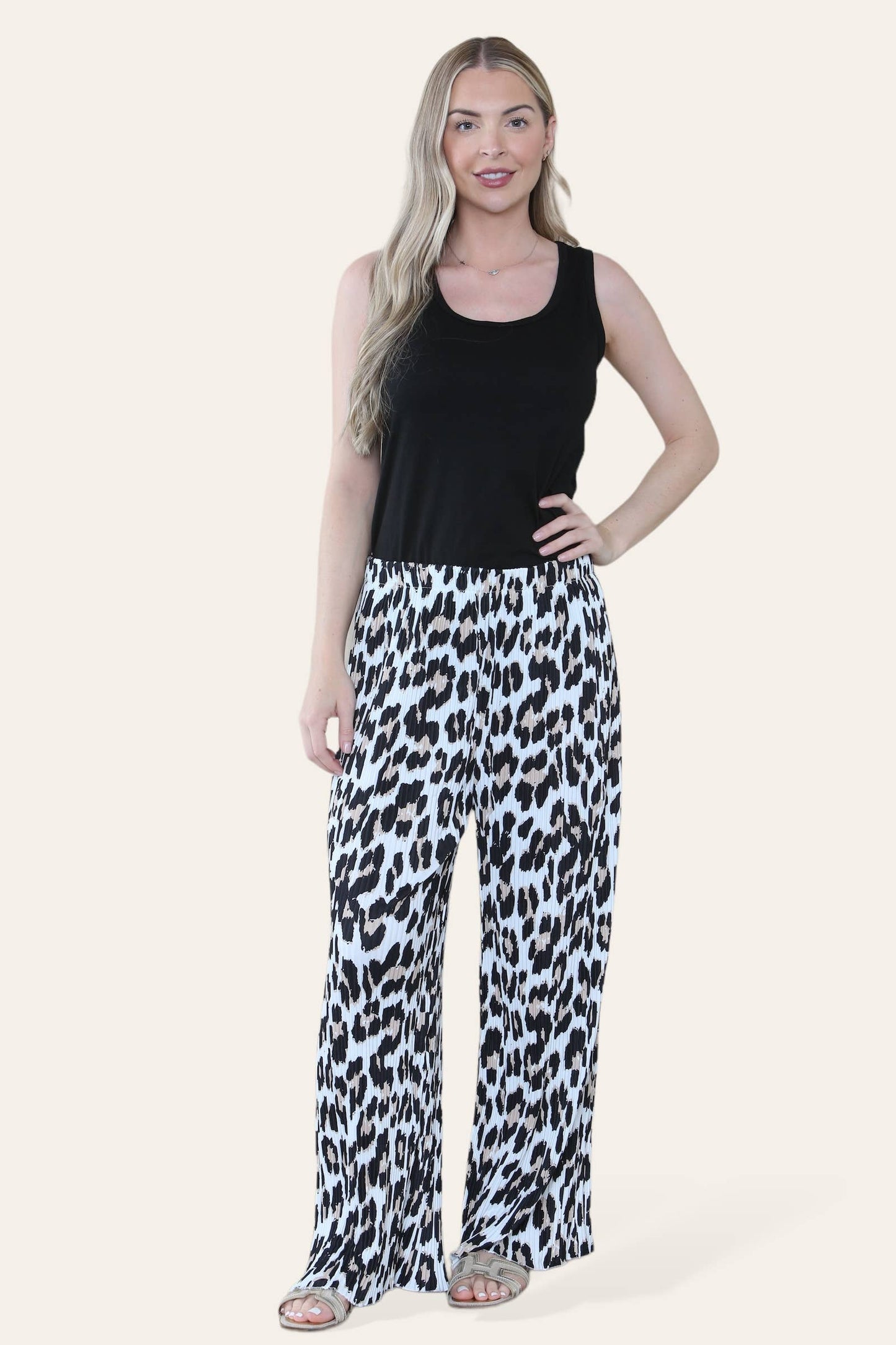 Curve Stretchy Pleated Pants - Natural Leopard Print