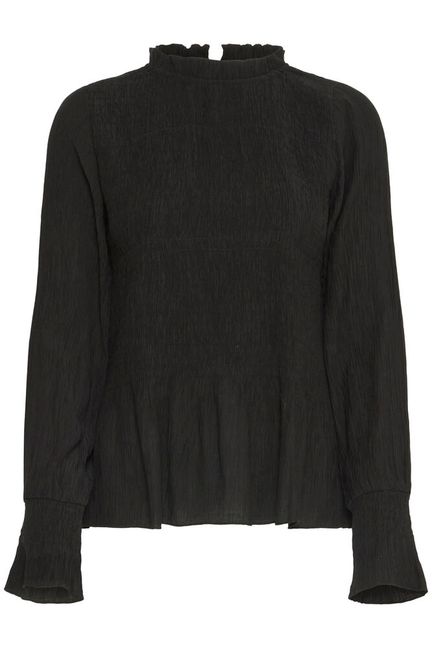 High Neck Shirred Blouse - Black