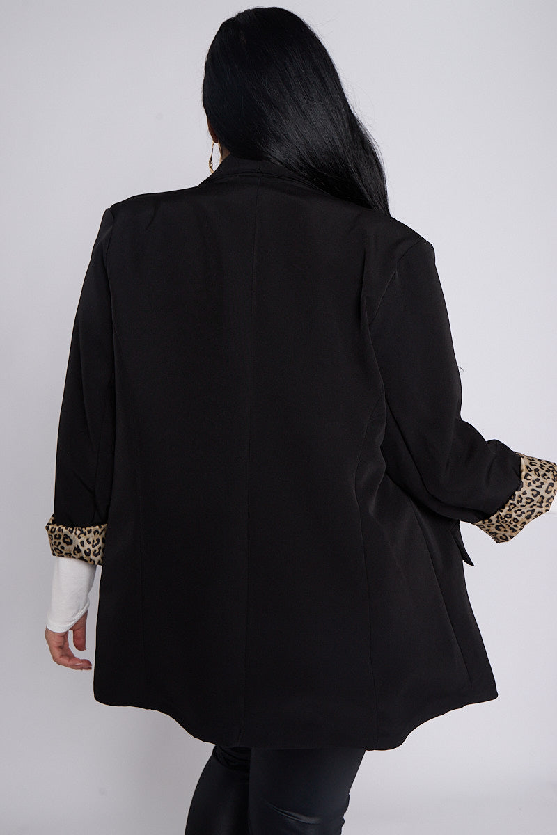 Curve Black Blazer with Leopard Trim Detail