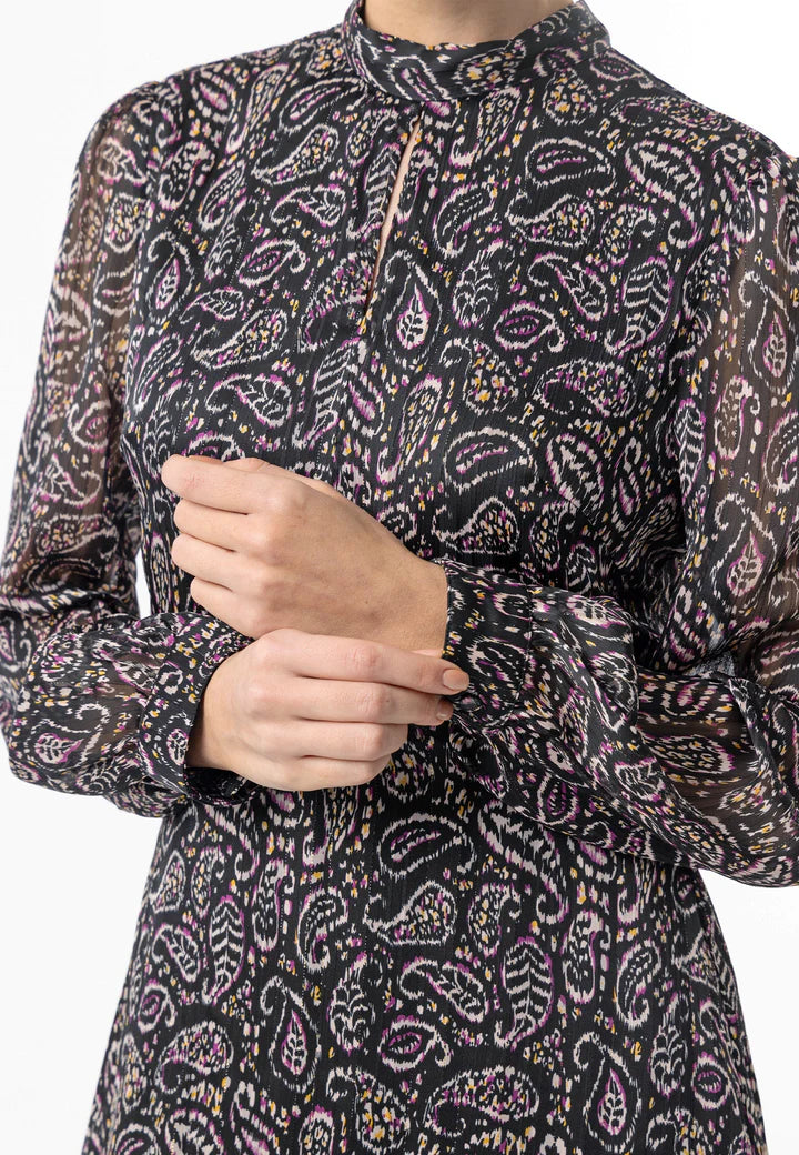 Long Sleeve Chiffon Midi Dress - Paisley Print