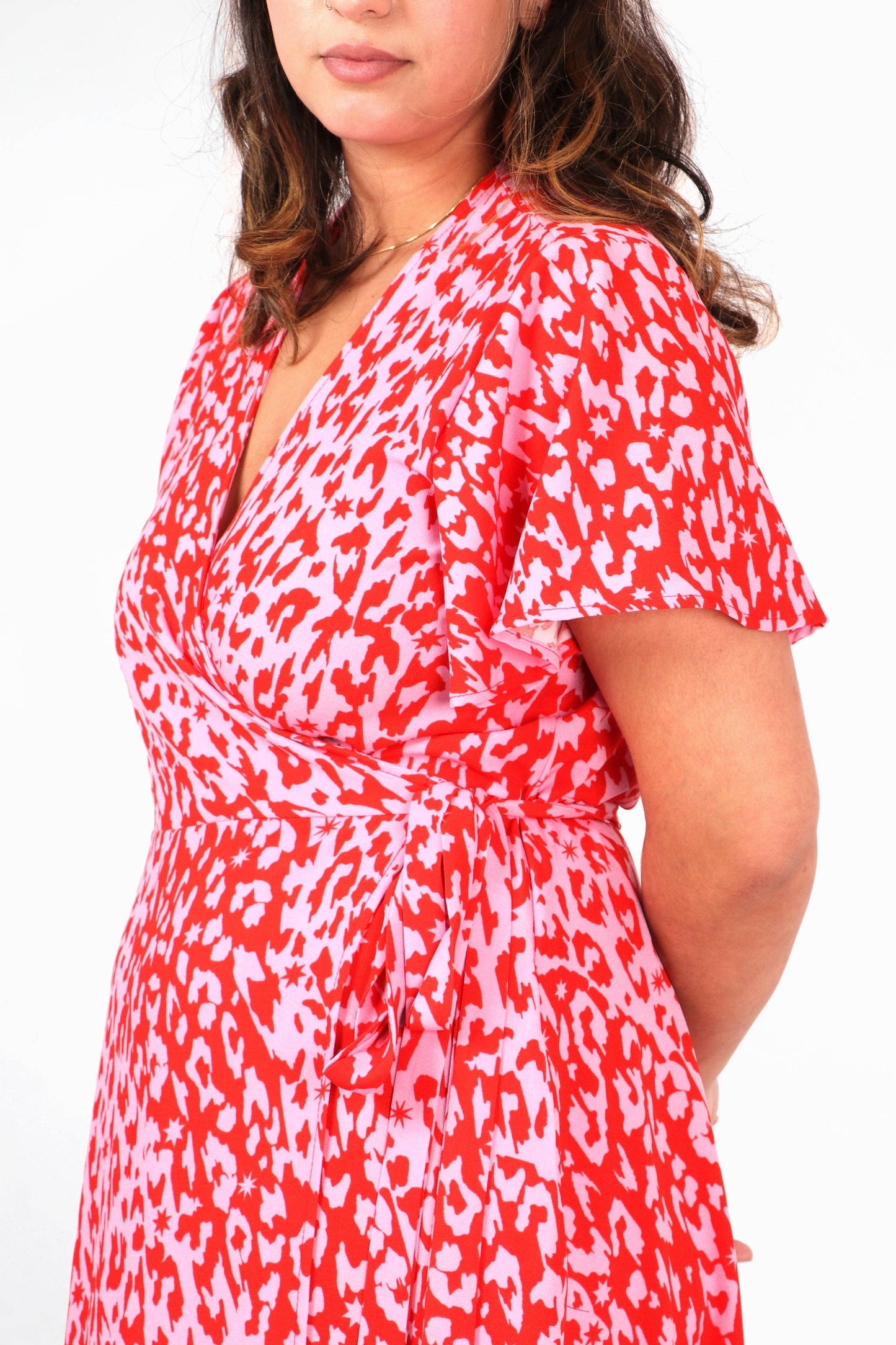 Leopard and Star Print Short Sleeve Maxi Wrap Dress -Pink