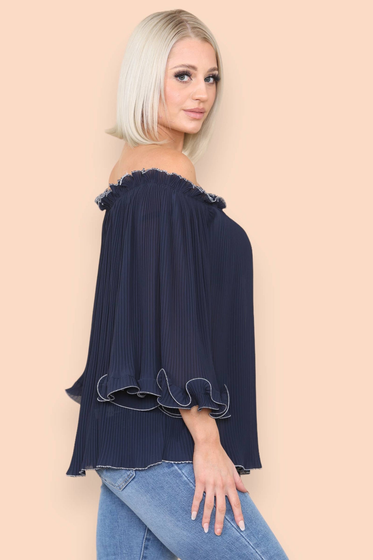 3/4 Sleeve Contrast Edge Pleated Bardot Blouse