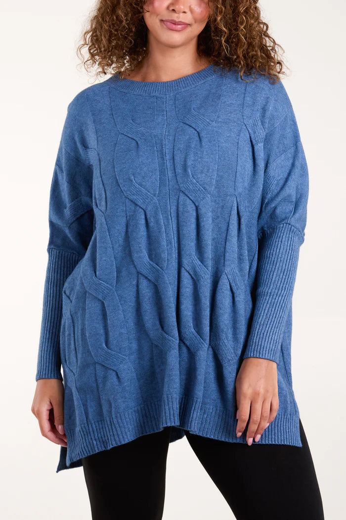 Cable Knit Batwing Jumper - Denim Blue