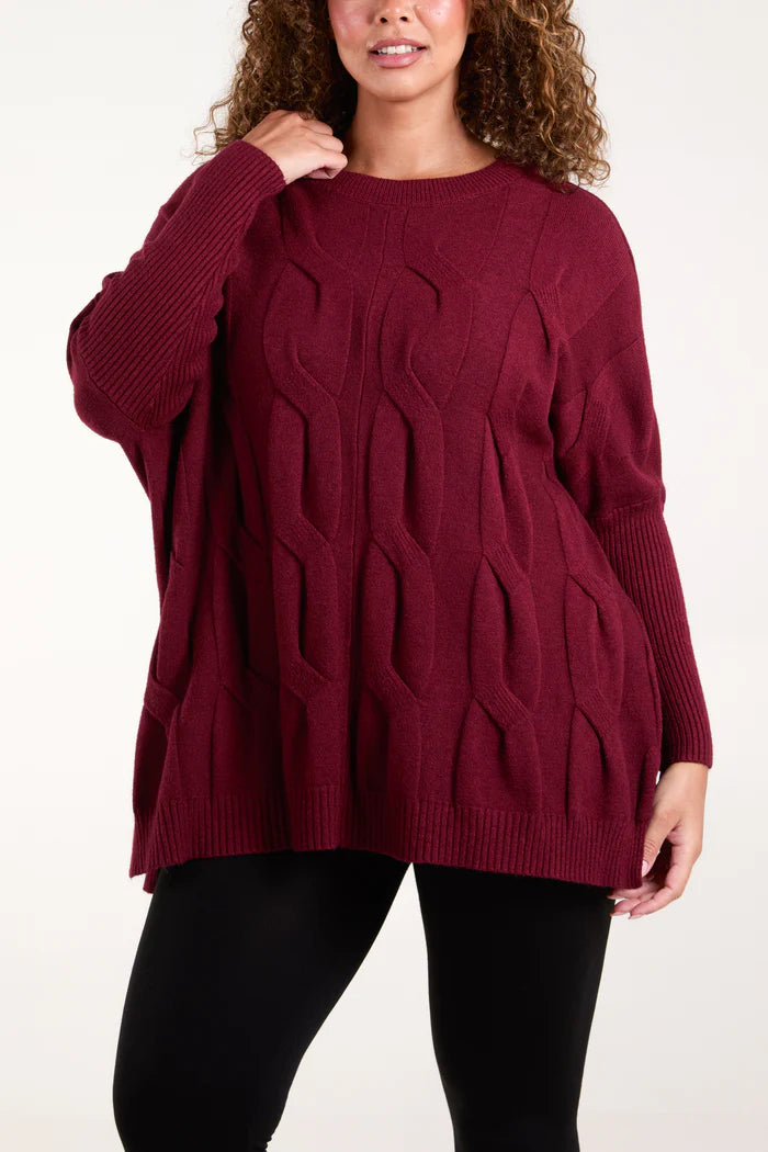 Cable Knit Batwing Jumper - Burgandy