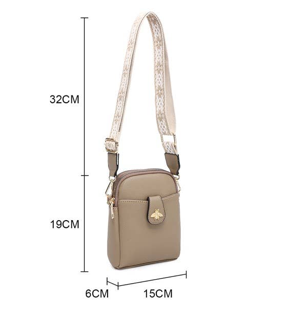 Cross Body Handbag with double zip top sections - Tan