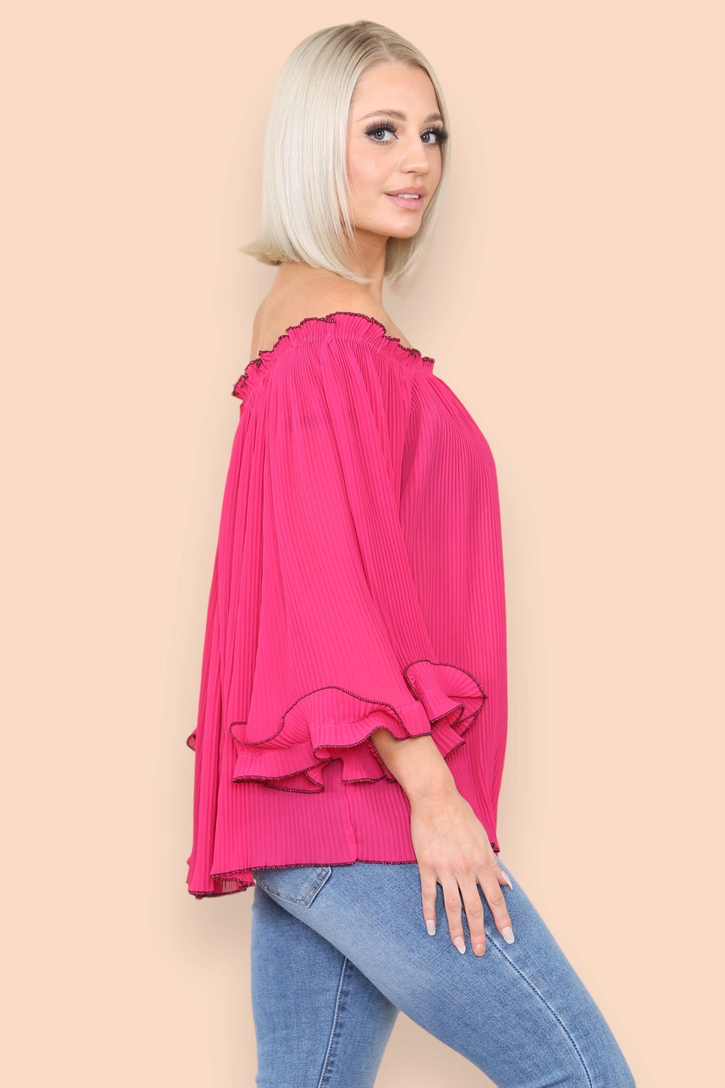 3/4 Sleeve Contrast Edge Pleated Bardot Blouse