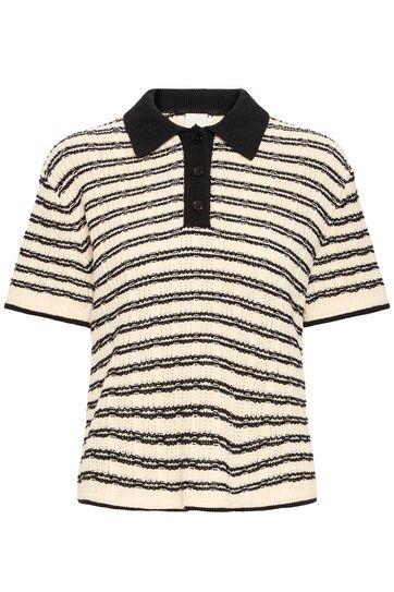Cotton Knit Polo - Black / Cream Stripe