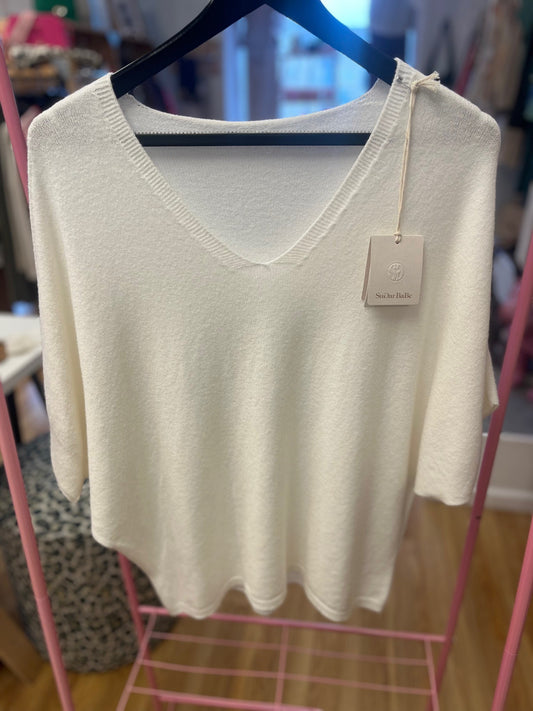 Soft Knit Batwing V Neck Knit Top - Cream