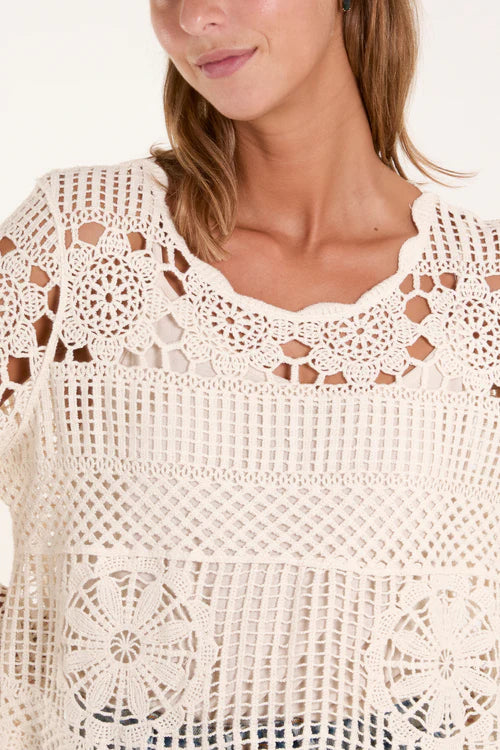 Floral Crochet Scallop Edge Top - Stone