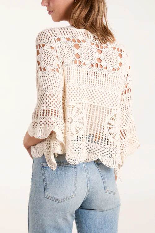 Floral Crochet Scallop Edge Top - Stone