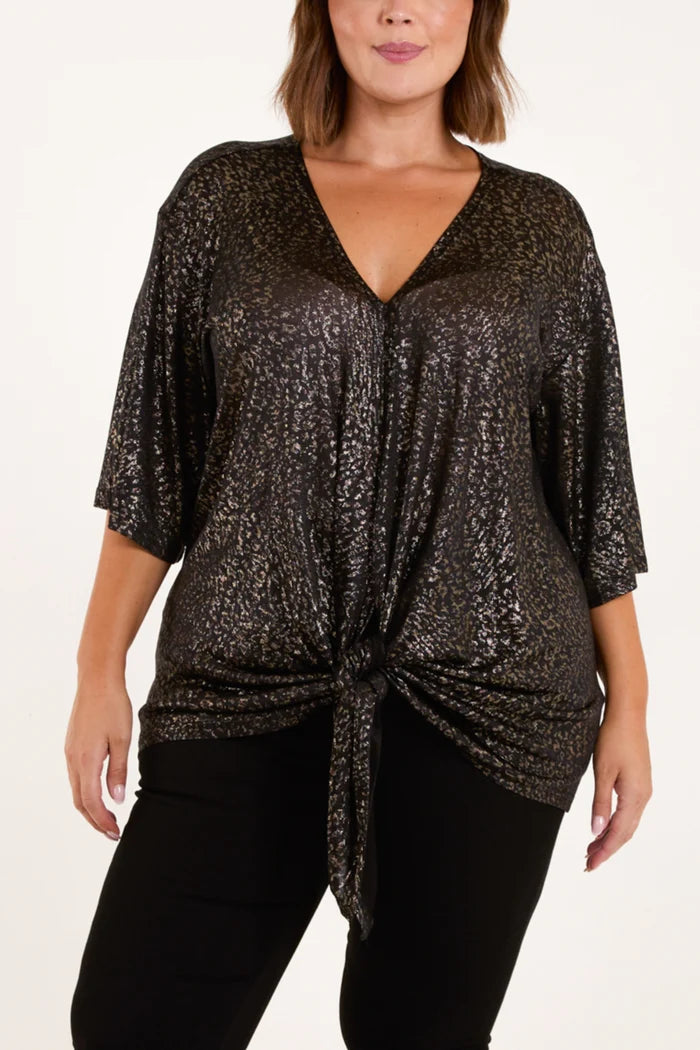 Curve Metallic Print Tie Front Top - Black & Gold