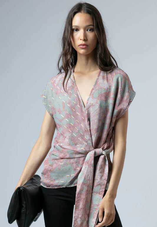 RELIGION Eline Tie Front Top - Pink/Grey