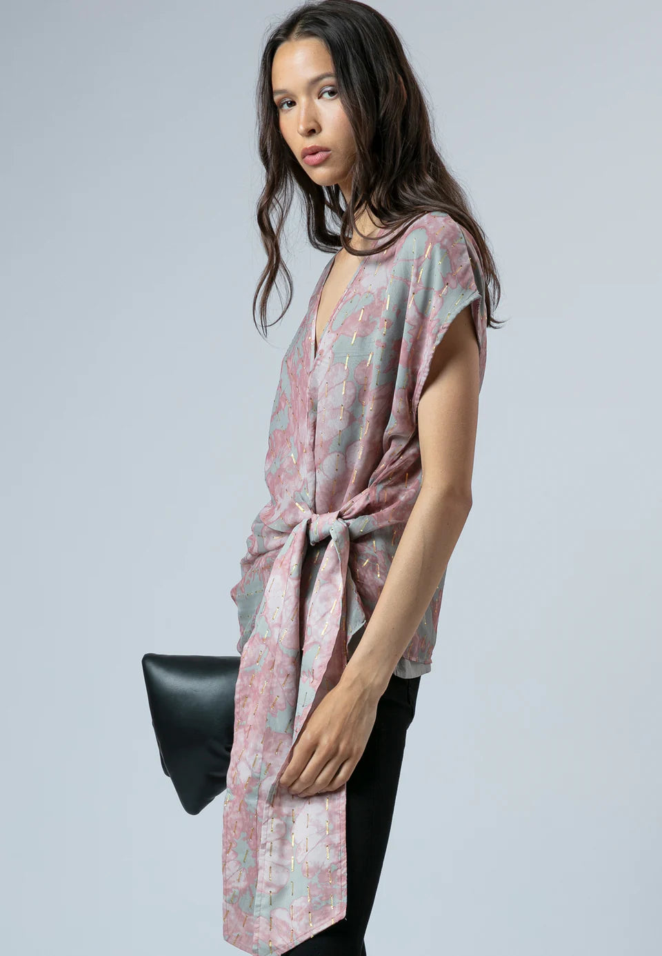 RELIGION Eline Tie Front Top - Pink/Grey