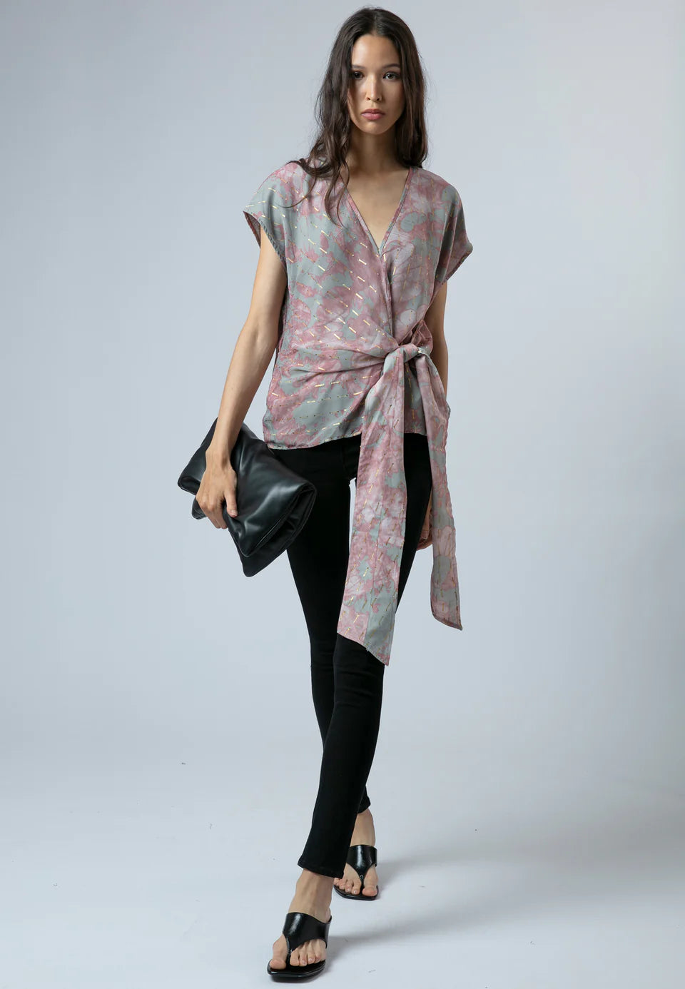 RELIGION Eline Tie Front Top - Pink/Grey