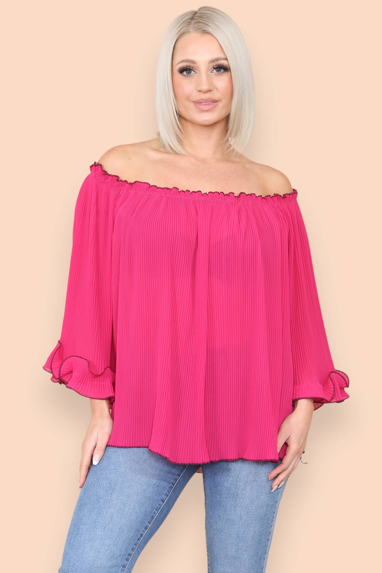 3/4 Sleeve Contrast Edge Pleated Bardot Blouse