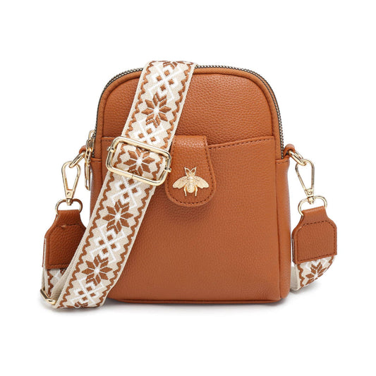 Cross Body Handbag with double zip top sections - Tan