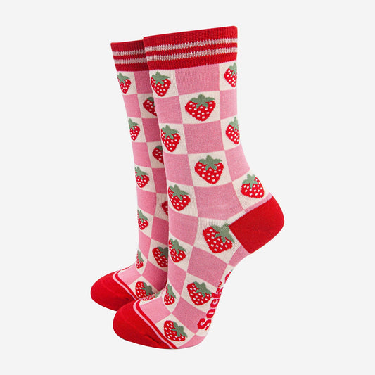 Bamboo Socks - Pink/Red, Checked Strawberry