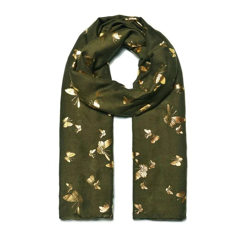 Olive Gold Butterfly Lightweight Scarf