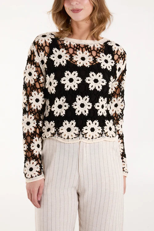 Floral Pattern Crochet Top - Black / Ivory