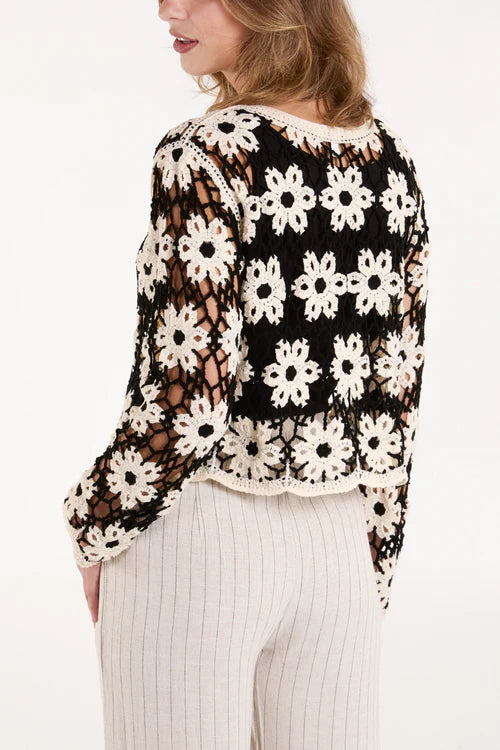 Floral Pattern Crochet Top - Black / Ivory