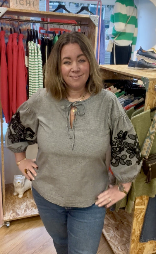 Floza Blouse with Embroidery Detail - Navy