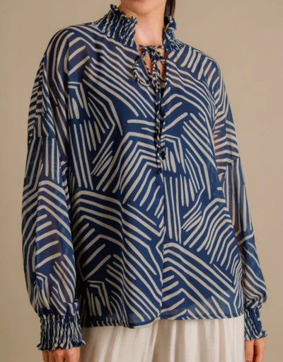 Geometric Chiffon Blouse with Neck Tie - Navy