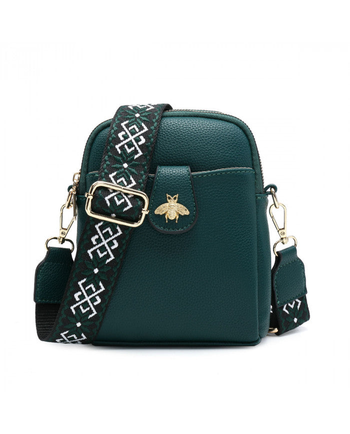 Cross Body Handbag with double zip top sections - Green