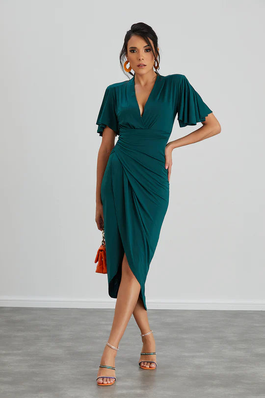 Green Midi Dress with Wrap Detail