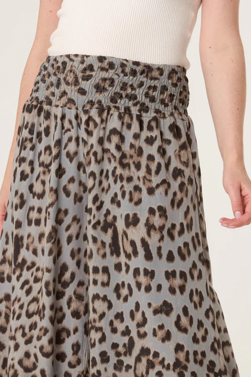 Wide Leg Leopard Print Trousers - Grey