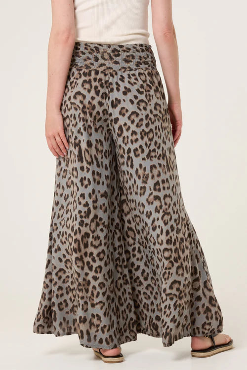 Wide Leg Leopard Print Trousers - Grey