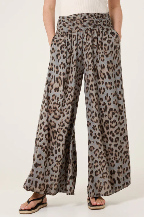 Wide Leg Leopard Print Trousers - Grey