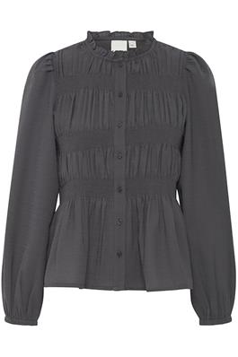 Dark Grey Blouse with Shirring Detail and Frill Neck