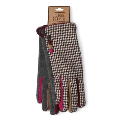 Buttoned Dogtooth Gloves - Grey