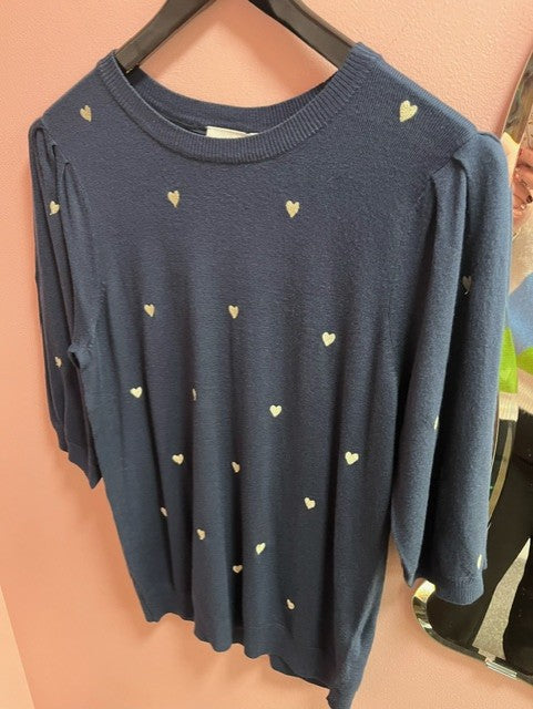 Half Sleeve Navy Jumper with Hearts