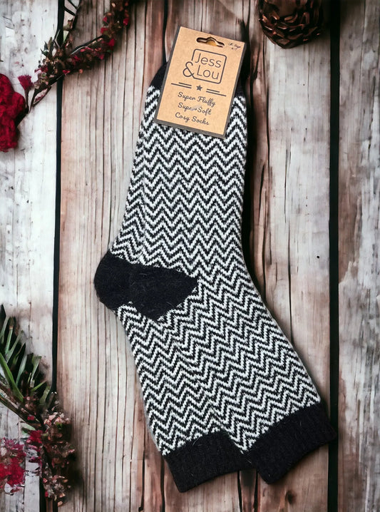 Cosy Ribbed Socks - Black Herringbone