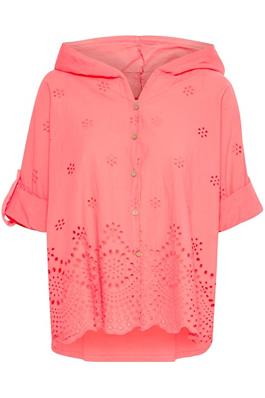 Roll Sleeve Lace Detail Hooded Button Through top