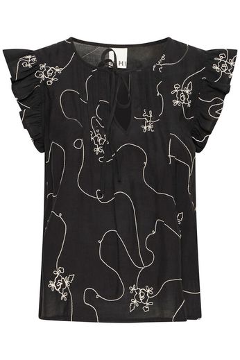 Embroidered Flutter Sleeve Top - Black/White