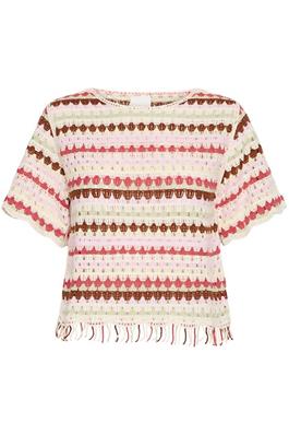 ICHI Loose Fit Stripe Crochet Knit Top