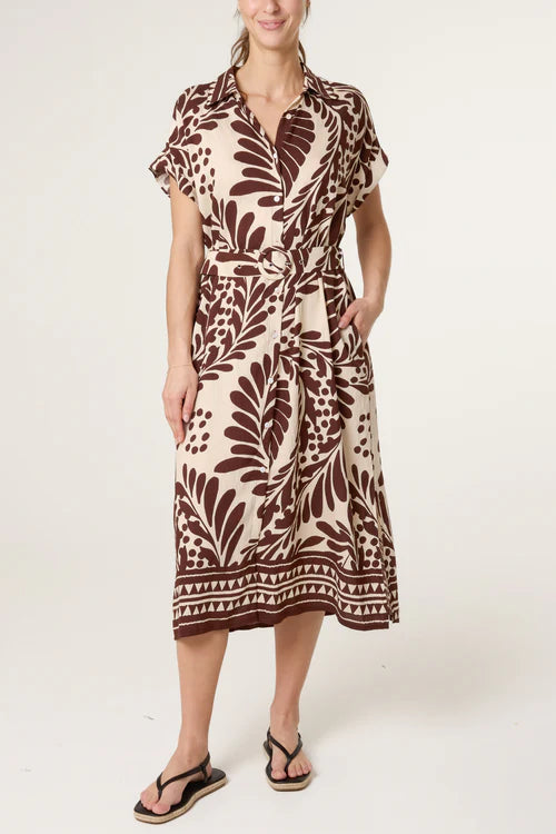 Leaf Print Belted Dress - Brown/Neutral