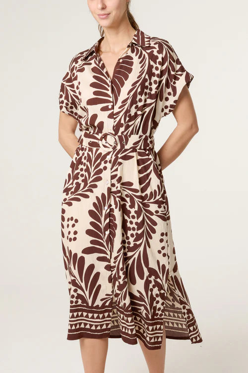 Leaf Print Belted Dress - Brown/Neutral