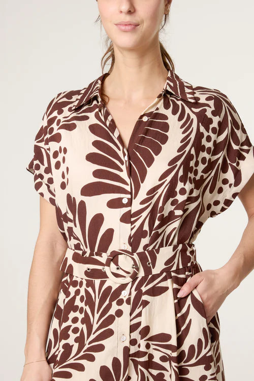 Leaf Print Belted Dress - Brown/Neutral
