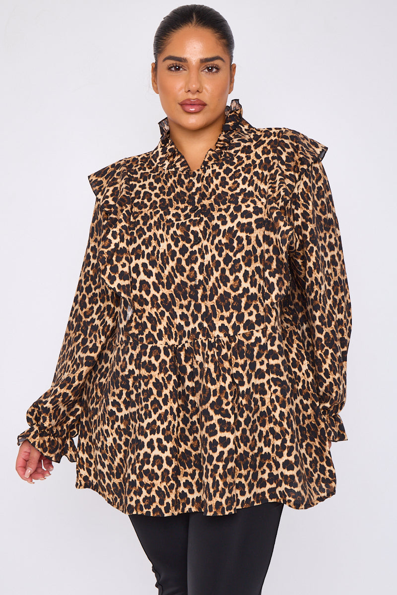 Curve Frill Detail Leopard Print Shirt