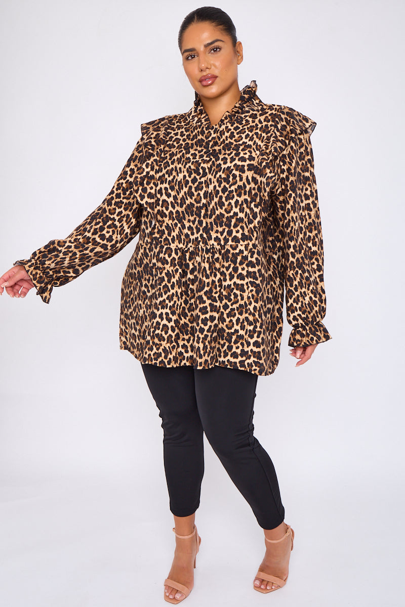 Curve Frill Detail Leopard Print Shirt